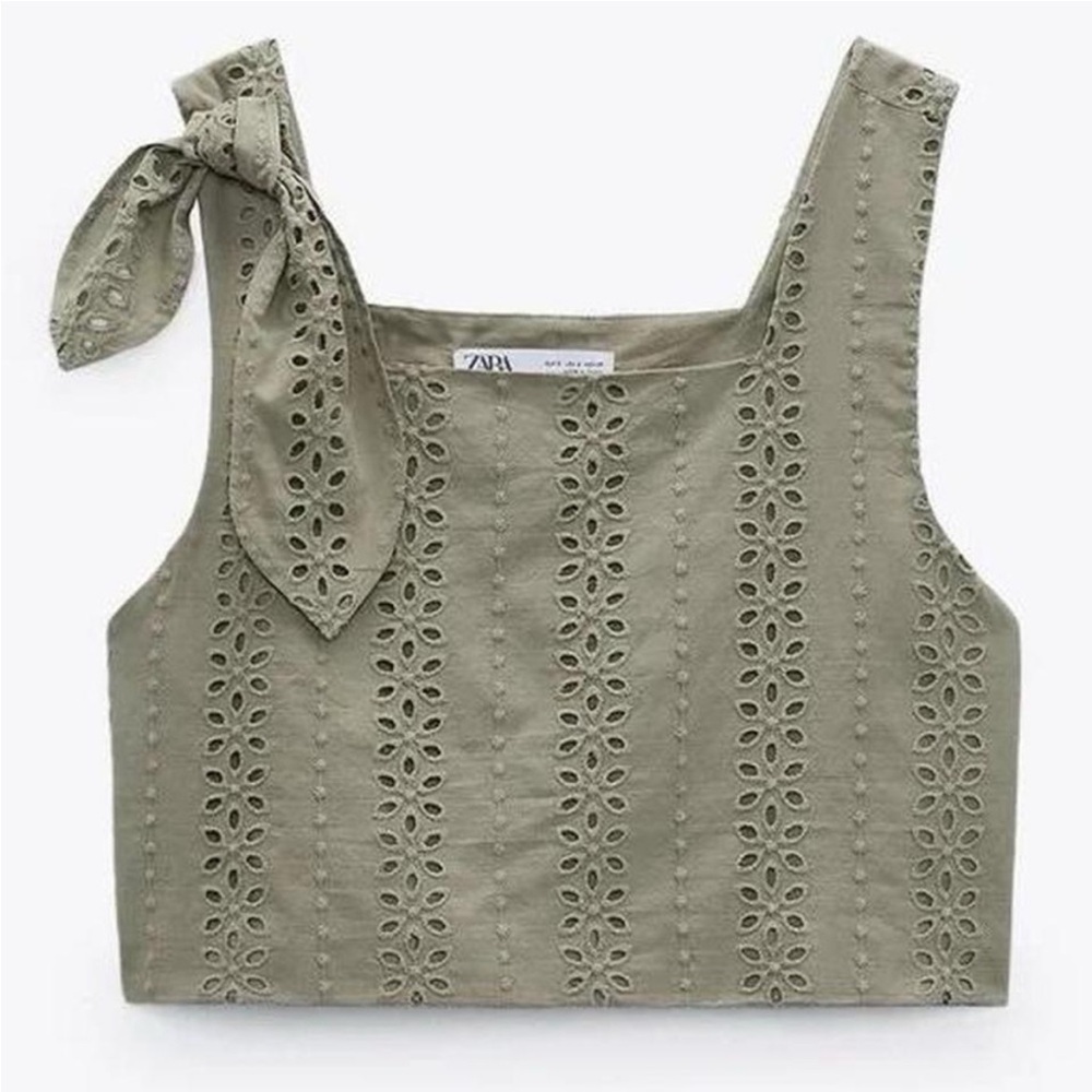 ZARA Embroidered Eyelet Cropped Olive Color Tank Top Crop Shirt Sz medium Summer